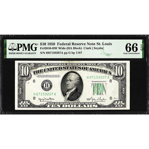 1950 $10 Federal Reserve Note St. Louis Fr.2010-HW Wide PMG Gem Uncirculated 66EPQ