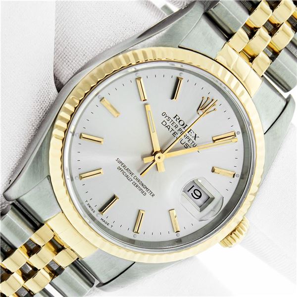 Rolex Mens Two Tone Silver Index Oyster Perpetual Datejust Wristwatch With Box