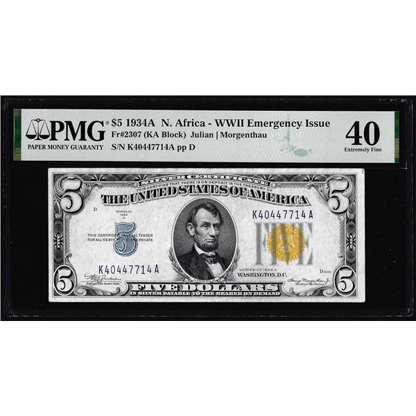 1934A $5 North Africa WWII Emergency Silver Certificate Note PMG Extremely Fine 40