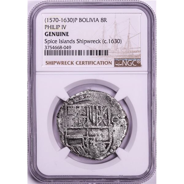 Spice Islands Shipwreck (1570-30)P Bolivia 8 Reales Philip IV Silver Coin NGC Genuine