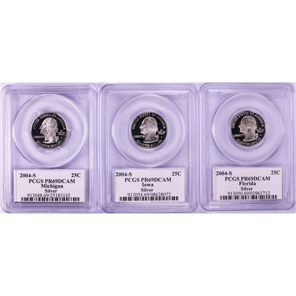 Lot of (3) 2004-S Proof Silver State Quarter Coins PCGS PR69DCAM