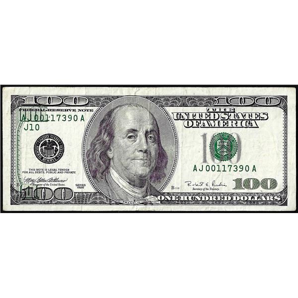 1996 $100 Federal Reserve Offset Back to Front Printing Error Note