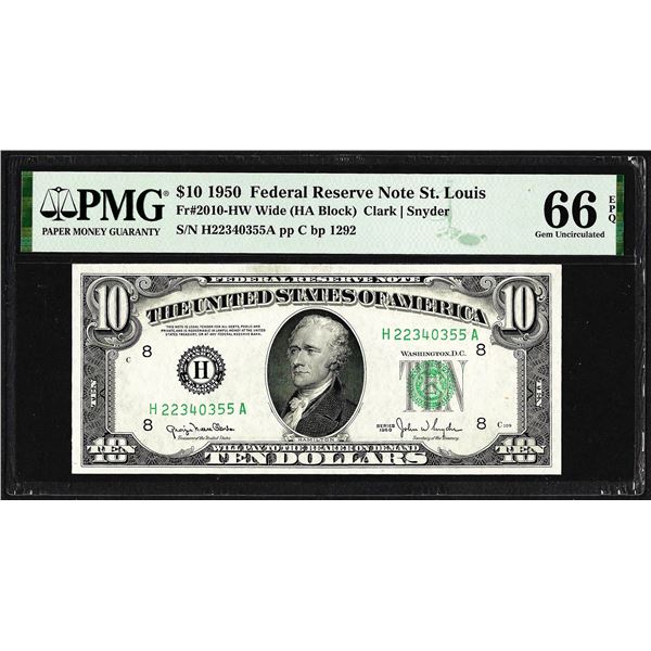 1950 $10 Federal Reserve Note St. Louis Fr.2010-HW Wide PMG Gem Uncirculated 66EPQ