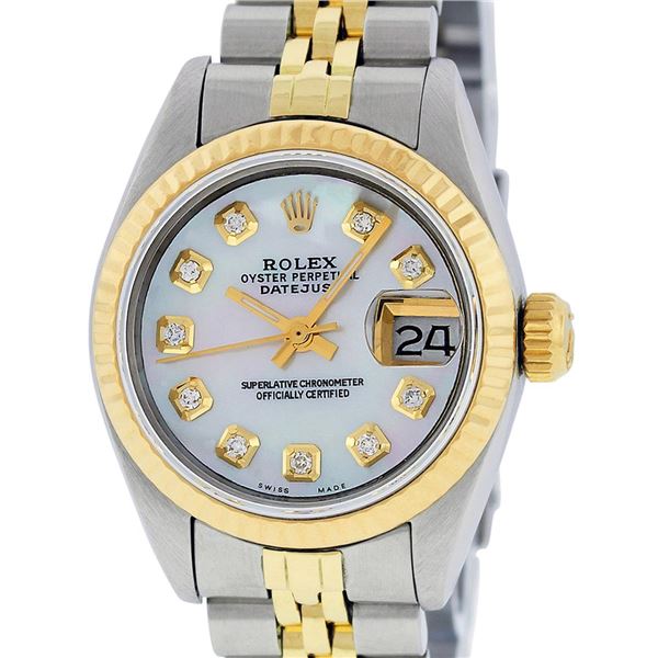 Rolex Ladies Two Tone Mother Of Pearl Diamond Datejust Wristwatch