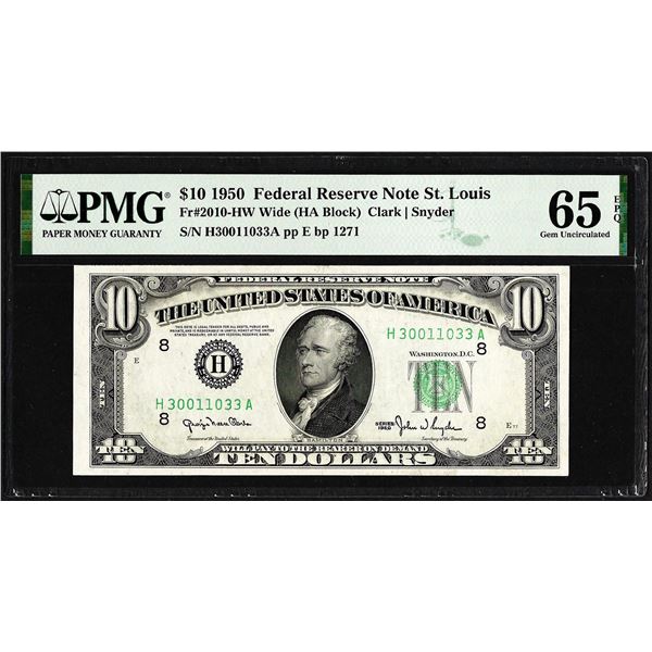 1950 $10 Federal Reserve Note St. Louis Fr.2010-HW PMG Gem Uncirculated 65EPQ