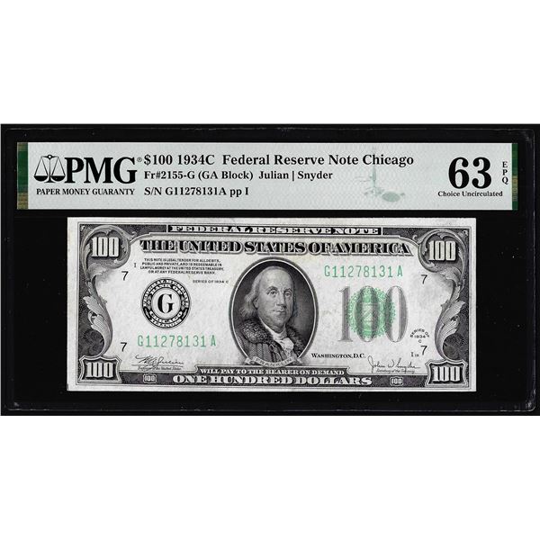 1934C $100 Federal Reserve Note Chicago Fr.2155-G PMG Choice Uncirculated 63EPQ