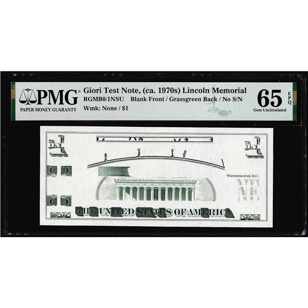 Circa 1970's Lincoln Memorial Giori Test Note PMG Gem Uncirculated 65EPQ