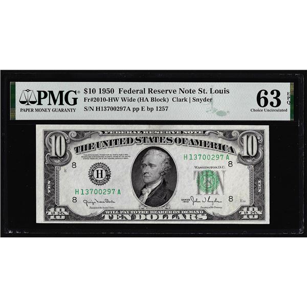 1950 $10 Federal Reserve Note St. Louis Fr.2010-HW Wide PMG Choice Uncirculated 63EPQ