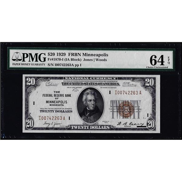 1929 $20 Federal Reserve Bank Note Minneapolis Fr.1870-I PMG Ch. Uncirculated 64EPQ