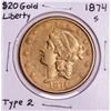 Image 1 : 1874-S Type 2 $20 Liberty Head Double Eagle Gold Coin