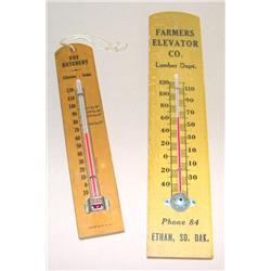 (2) Old Wood Thermometers--Ethan, SD & Clinton, IA