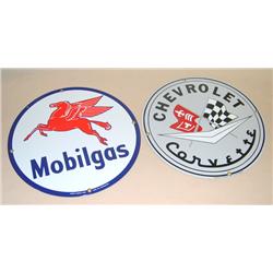 (2) New Porcelain Signs--Chevy Corvette & Mobil 