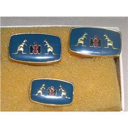 Rare IH of Australia Kangaroo Cufflinks & Tie Tack--Blue Enameled Background with IH Logo and 2-Kang