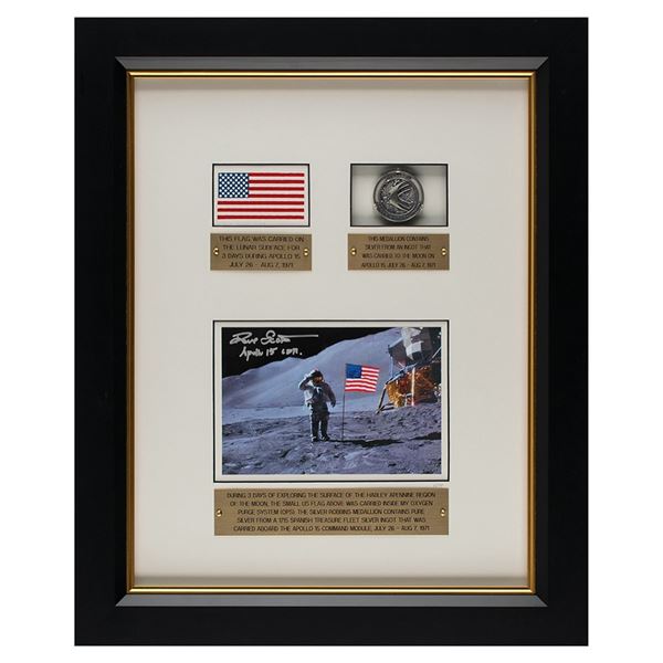 Dave Scott's Apollo 15 Lunar Landed Flag and Lunar Orbited Metal Robbins Medallion Display
