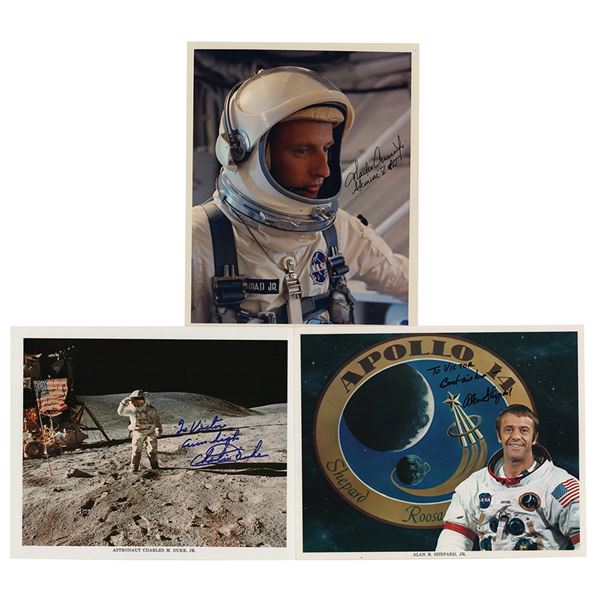 Moonwalkers: Alan Shepard, Charles Conrad, and Charlie Duke (3) Signed Photographs
