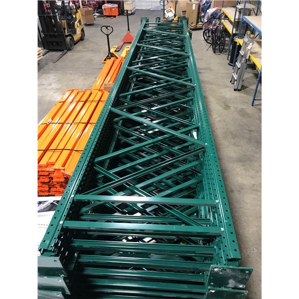 SINGLE FREESTANDING BAY OF 20' GREEN RACKSTEEL INDUSTRIAL PALLET RACKING WITH 6 ORANGE 8' SHELVES: