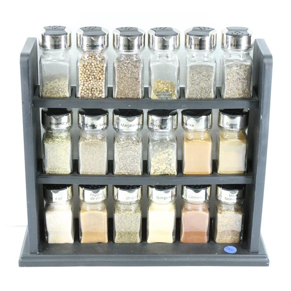 SPICE RACK W/ LABELED SPICE CONTAINERS & SPICES