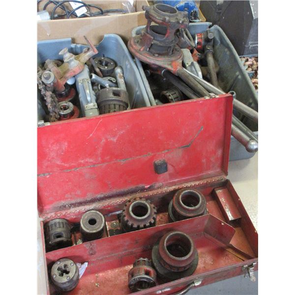 Metal Box And 2 Tubs Of Tap, Die, Threaders, And Cutters