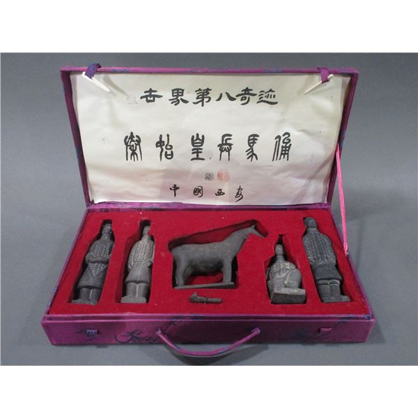 5 Vintage Chinese Terra Cotta Figurines In Ornate Box- 14.5" X 8"