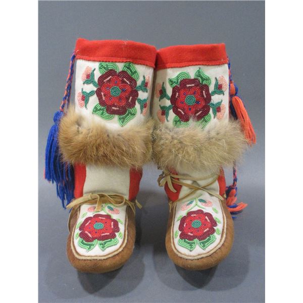 Contemporary High Top Floral Beaded Moccasins- Coyote Trimmed- Yarn Tassels- 12"H X 10.5"L
