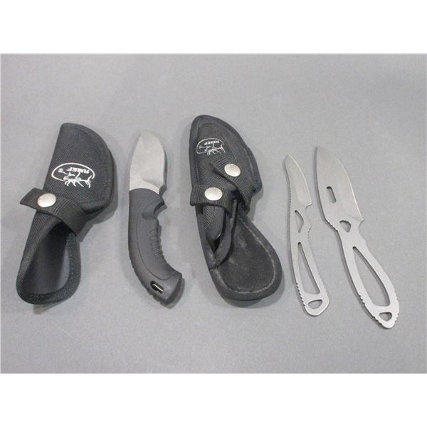 3 RMEF Buck Knives With Sheaths- 3" Blade- 4.25" Black Handle- 6.75" And 7.5" Skeleton Knives