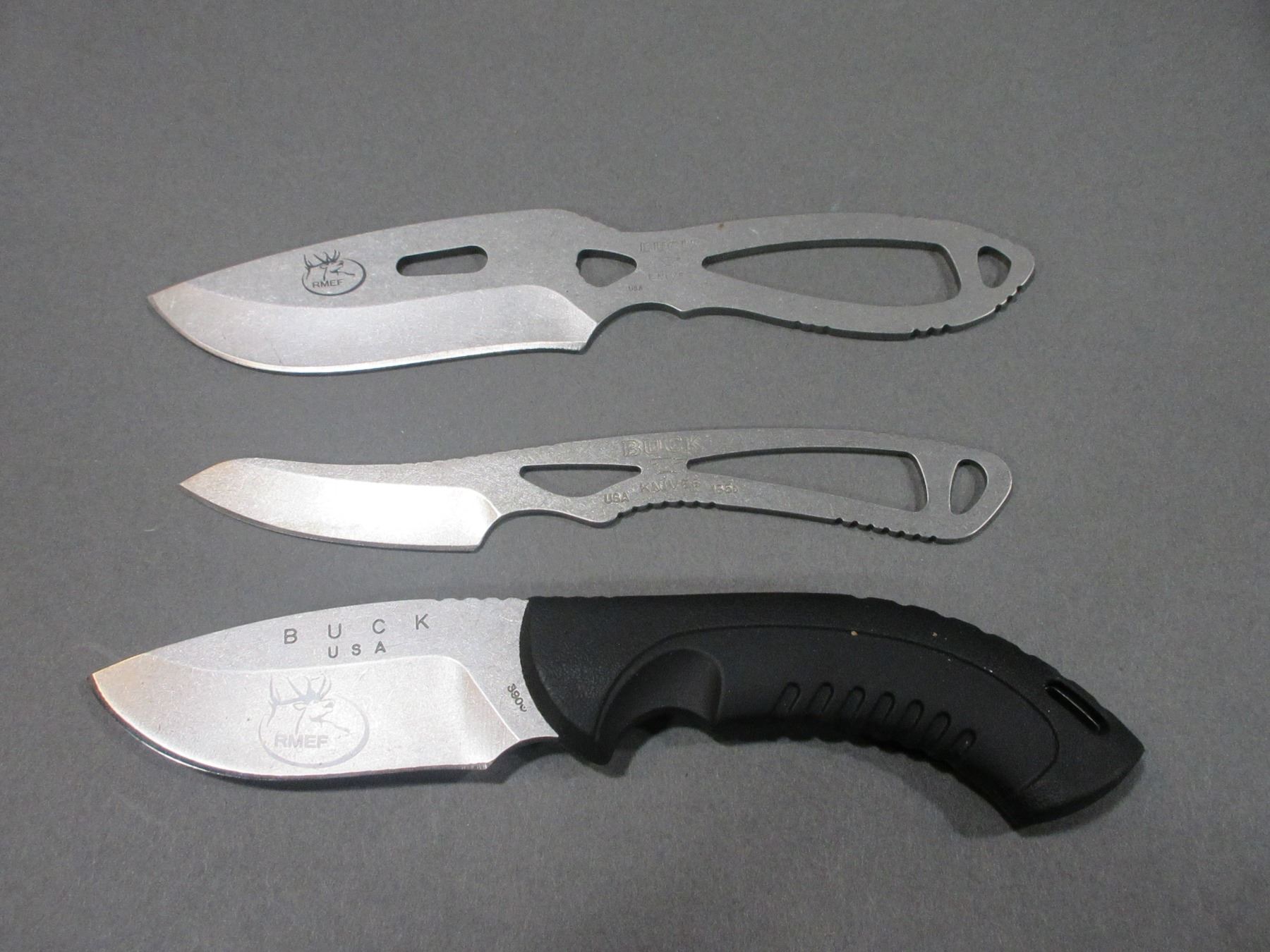 3 RMEF Buck Knives With Sheaths 3" Blade 4.25" Black Handle 6.75