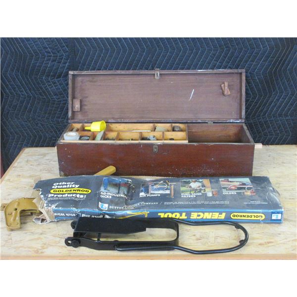 New Golden Rod Fence Stretchers- New Gate Latch- Wooden Toolbox With Miscellaneous Tools
