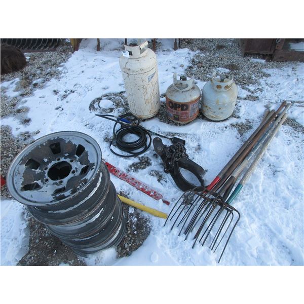 4 Pitchforks- 3 Propane Bottles- Weed Burner Setup- 4 Tire Rims- Draw Bar- Splitting Maul- Log Tongs