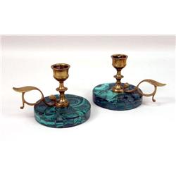 A PAIR OF MALACHITE-VENEERED BRASS-MOUNTED CHAMBERSTICKS