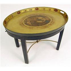 A VICTORIAN OVAL PAINTED TOLE TRAY ON STAND