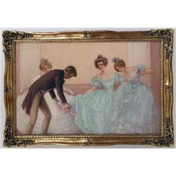 AN OIL ON CANVAS OF ELEGANT YOUNG WOMEN AND THEIR COURTIER, BY FRITZI ULREICH