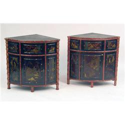 A PAIR OF VICTORIAN FAUX-BAMBOO AND CHINOISERIE-DECORATED LOW CORNER CUPBOARDS