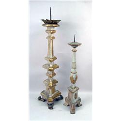 TWO PAINTED WOOD GILT-DECORATED PRICKET STICKS