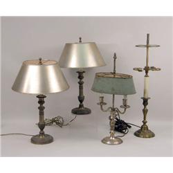 A PAIR OF PATINATED METAL CANDLESTICK-FORM TABLE LAMPS