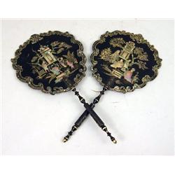 A PAIR OF CHINESE CARVED BLACK LACQUER AND MOTHER-OF-PEARL-INLAID COURTIER FANS