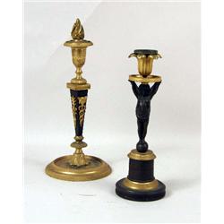 TWO LOUIS XVI PATINATED METAL CANDLESTICKS