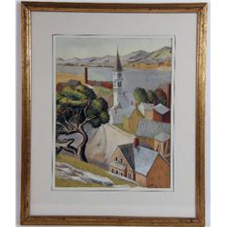 A FRAMED GOUACHE OF A VILLAGE SCENE