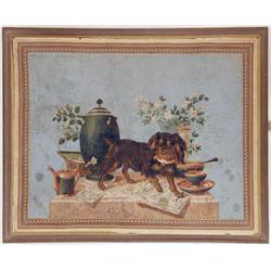 A LARGE FRAMED SECTION OF HAND-BLOCKED 18TH CENTURY FRENCH WALLPAPER, DEPICTING A CAVALIER KING CHAR