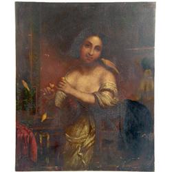 AN OIL ON COPPER OF A LOVELY YOUNG WOMAN AND HER PET SONGBIRDS