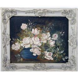 A FRAMED OIL ON CANVAS OF A FLORAL STILL LIFE