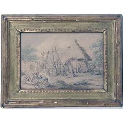 A PEN, INK AND WATERCOLOR DRAWING OF PEASANTS IN A FARMSTEAD