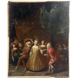 AN OIL ON CANVAS OF AN 18TH CENTURY COUNTRY DANCE SCENE