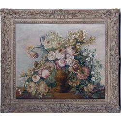 A FRAMED OIL ON CANVAS OF A FLORAL STILL LIFE