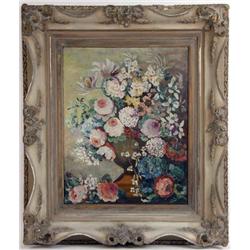 A FRAMED OIL ON CANVAS OF A FLORAL STILL LIFE