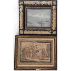 A PENCIL, WHITE CRAYON AND WASH DRAWING, "LA PLAGE", SIGNED E. ISABEY