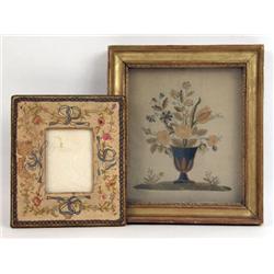 A FRAMED CREWELWORK AND SILK THREAD FLORAL EMBROIDERY