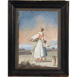 A GOUACHE ON PAPER OF A PEASANT WOMAN WITH A TRAY OF FISH
