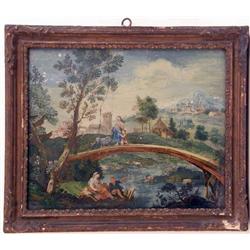A LARGE VERRE EGLOMISE OF A BUCOLIC COUNTRY SCENE