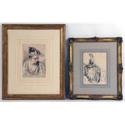 A FRAMED PEN AND INK DRAWING, "AMAZONE", OF A WOMAN RIDING SIDE-SADDLE