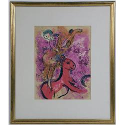 A LITHOGRAPH BY MARC CHAGALL, "WOMAN CIRCUS RIDER ON RED HORSE"
